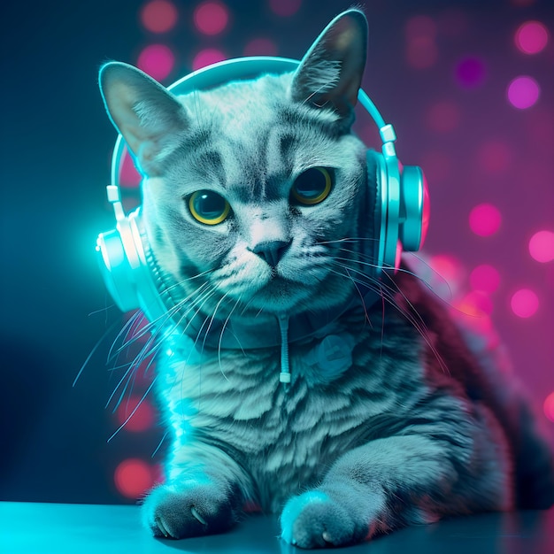 Modische Katze mit Kopfhörern Musik antrophomorfic Katze Neonlichter