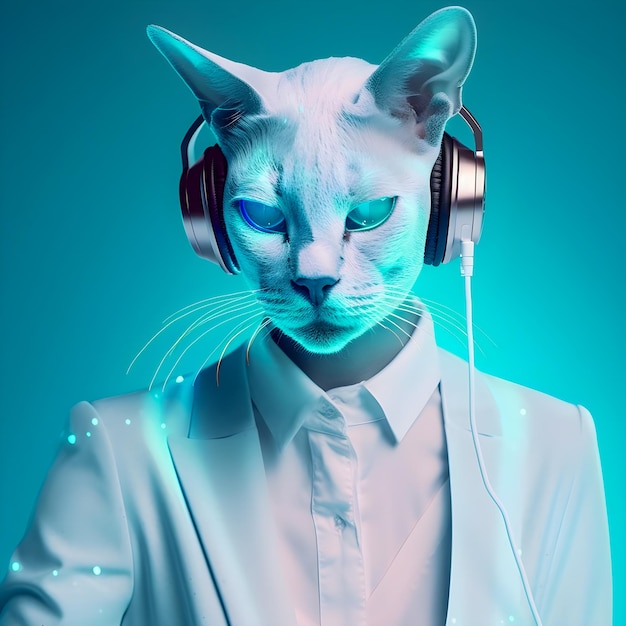 Modische Katze mit Kopfhörern Musik antrophomorfic Katze Neonlichter