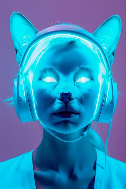 Modische Katze mit Kopfhörern Musik antrophomorfic Katze Neonlichter