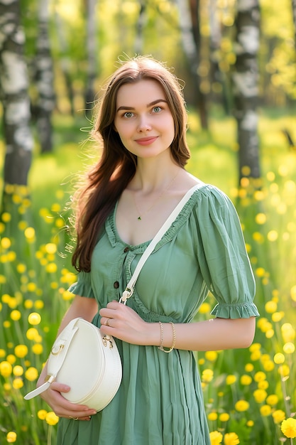 Modische schöne brünette Frau in Frühlingskleidung posiert mit einer weißen Tasche