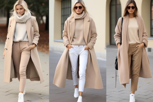 modische Winteroutfits in beigenen Farben