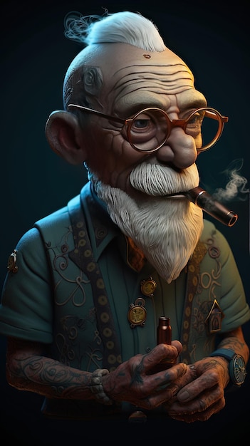 Modischer tätowierter alter Mann mit Bart und Brille, der Zigarette raucht. Großköpfige Chibi-Kunstillustration