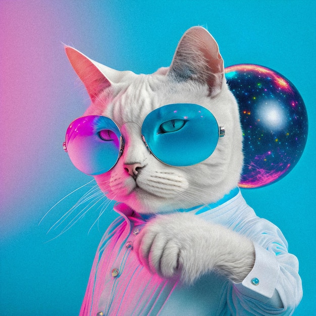 Modisches Porträt der anthropomorphen niedlichen Katze DJ Illustartion körnige Textur xA