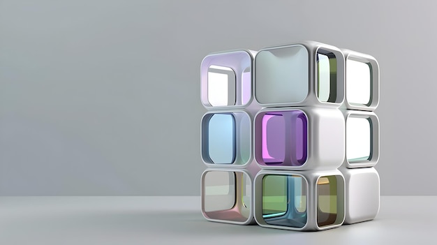 Modularer futuristischer Würfel mit abgerundeten Ecken und farbigen Glasakzenten, die gegen das Grau schwimmen