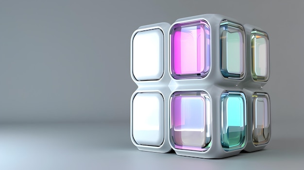 Modularer futuristischer Würfel mit farbenfrohen Akzenten, der in einer minimalistischen Studioumgebung schwebt