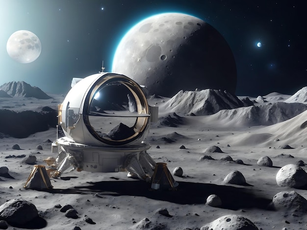 Módulo de aterrizaje del obturador espacial lunar en la superficie de un planeta de la luna con vista al planeta Tierra