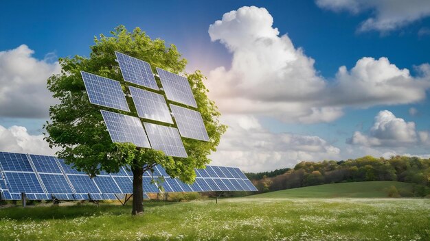 Foto módulos fotovoltaicos planta de energía solar en hojas verdes de árbol en con un prado en vistas al paisaje spr