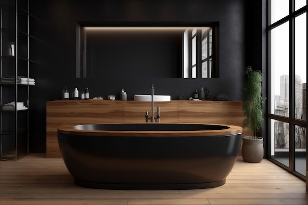 Möbel Luxus-Badewanne Design Interieur Zuhause Badezimmer Holz weiß modern schwarz Generative KI