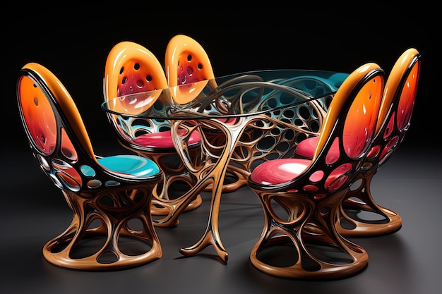 Möbel, Tisch, Stuhl, Couch Gaudi inspirierte Illustration generative ai