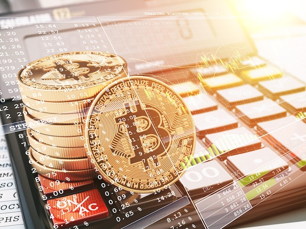 Moeda Bitcoin BTC na calculadora e no gráfico Conceito de negociação de moeda criptográfica