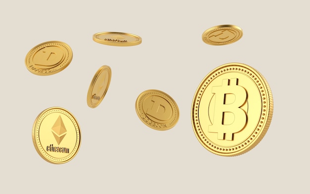 Moeda Bitcoin, Dogecoin e Ethereum voando sobre fundo claro. Criptomoeda de moedas. blockchain. Posições e rotações diferentes.