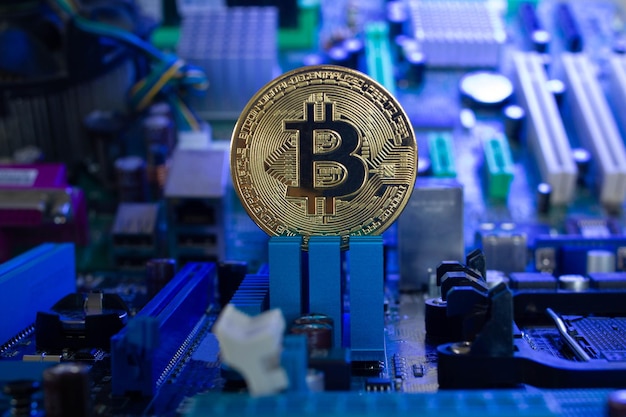 Moeda Bitcoin dourada em um fundo claramente visível de microchips e componentes de rádio em luz azul