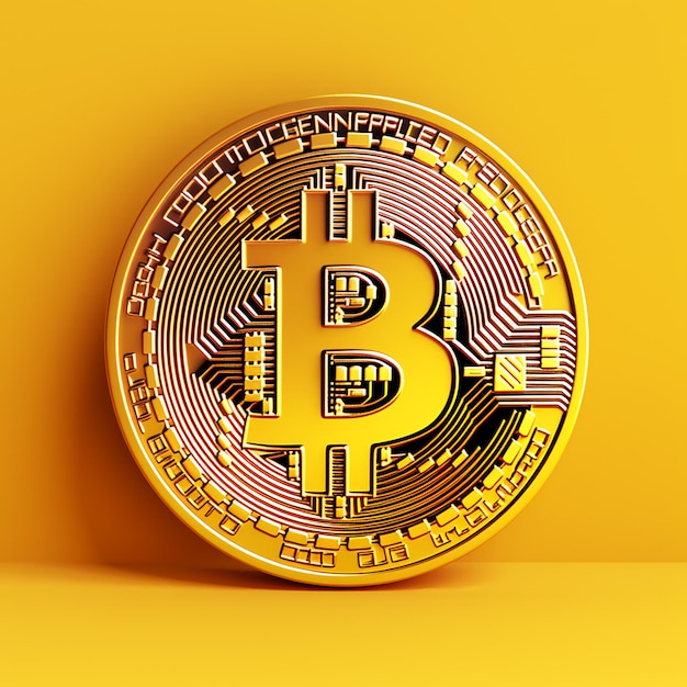 Foto moeda btc em um fundo amarelo vibrante