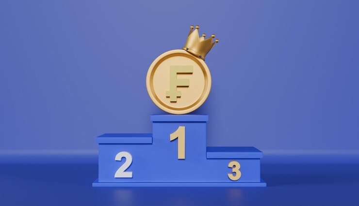 Foto moeda crypto franc no topo do pódio em fundo azul.