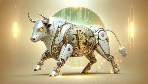 Moeda de Bitcoin com robô de prata gráfico de ações de touro em fundo claro mercado bullish de btc
