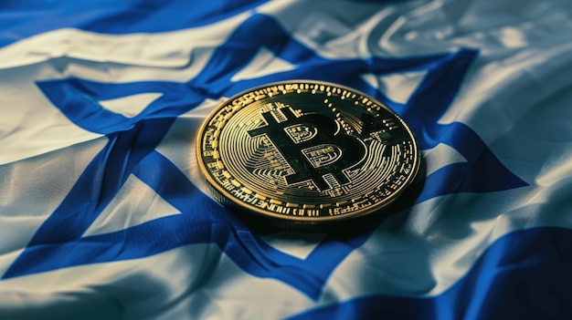 Moeda de Bitcoin contra a bandeira de Israel para papel de parede de desktop do site