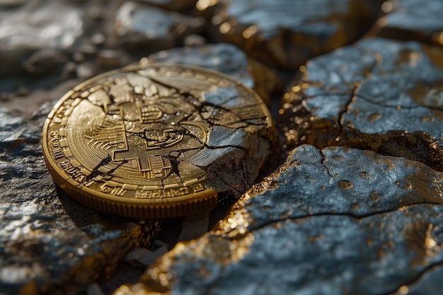 Moeda de bitcoin de ouro caindo em pedaços e transformando-se em terra na superfície de pedra rachada de perto