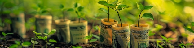 Moeda de conceito de crescimento de investimento em solo com plantas germinantes