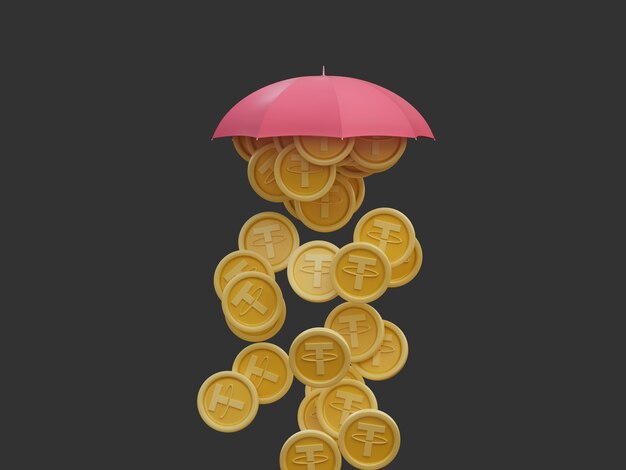 Moeda de corda chovendo criptografia sob guarda-chuva Abundante riqueza isolada ilustração 3D Renderização