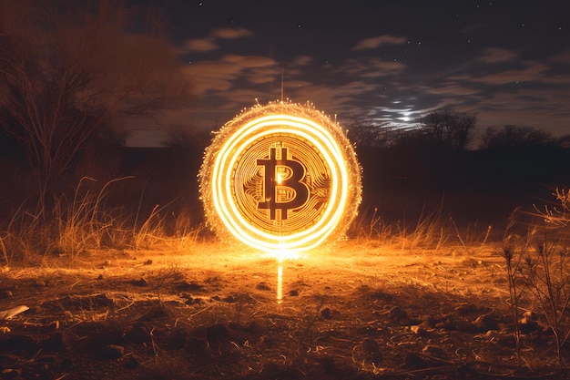 Moeda de criptomoeda Bitcoin e trilhas de luz em fundo preto conceito de dinheiro digitalBitcoins Energia Uma exibição de luz dinâmica em torno de uma moeda de ouro