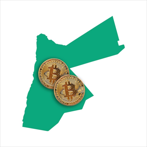 Moeda de criptomoeda Bitcoin em um mapa da Jordânia