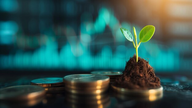 Moeda de dinheiro com um pequeno broto de planta a crescer com um gráfico de ações para cima como fundo