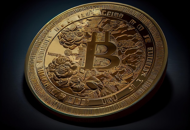 Moeda de dinheiro criptográfico Bitcoin isolada em fundo escuro