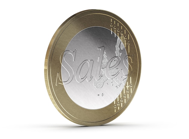 Moeda de euro de vendas sobre fundo branco com sombra e arranhões. Imagem conceitual para incentivo ou motivação de negócios.