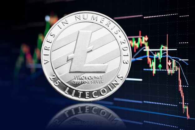 Moeda de Litecoin e gráfico de ações com queda de preços. Criptomoeda