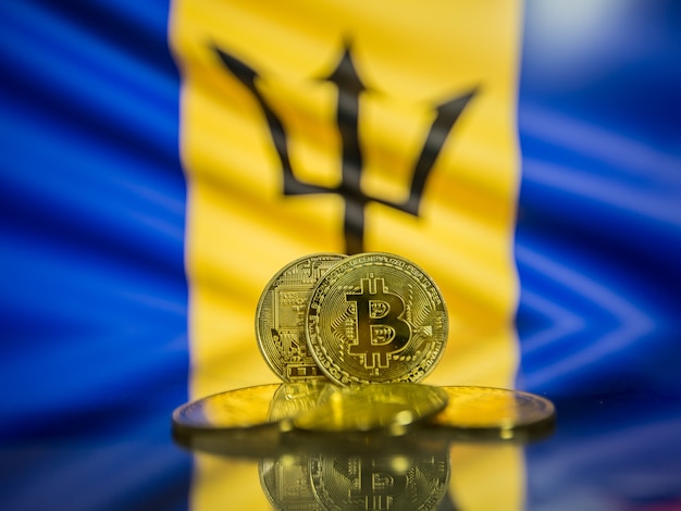 Moeda de ouro bitcoin e bandeira desfocada de fundo de barbados. conceito de criptomoeda virtual.