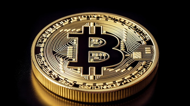Moeda de ouro de bitcoin em uma moeda virtual de fundo preto Generative AI