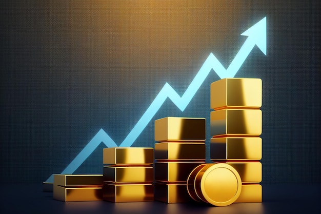 Moeda de ouro e seta com um gráfico de seta de tendência de alta IA geradora de negociação de investimento de tendência de alta