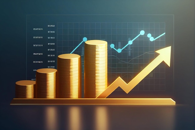 Moeda de ouro e seta com um gráfico de seta de tendência de alta IA geradora de negociação de investimento de tendência de alta