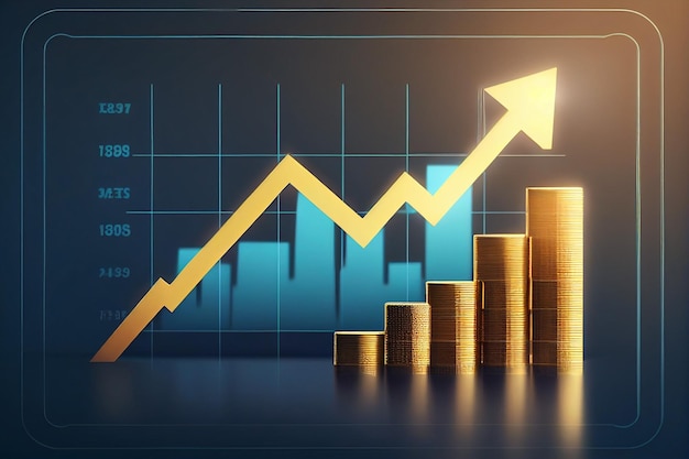 Moeda de ouro e seta com um gráfico de seta de tendência de alta IA geradora de negociação de investimento de tendência de alta