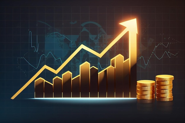 Moeda de ouro e seta com um gráfico de seta de tendência de alta IA geradora de negociação de investimento de tendência de alta