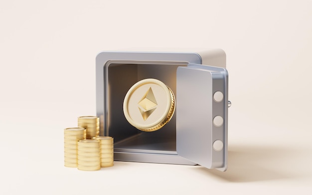 Foto moeda de ouro eth com conceito de criptomoeda em renderização 3d