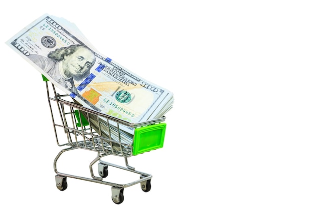 Foto moeda de papel no carrinho de compras contra fundo branco