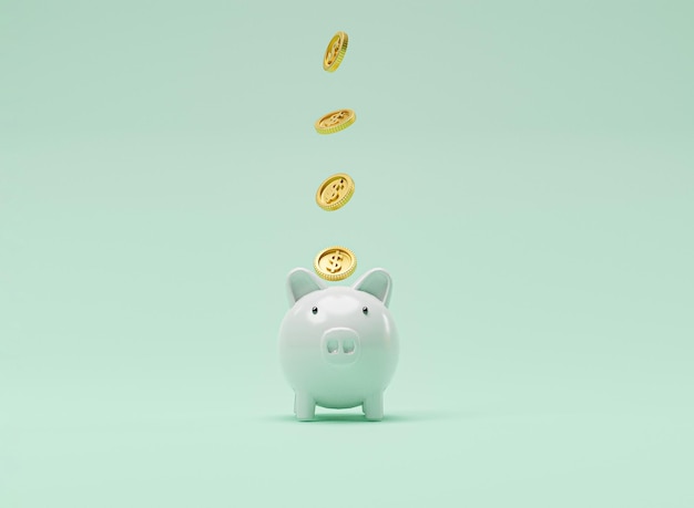 Foto moeda dourada caindo no cofrinho branco sobre fundo azul para economia de dinheiro e idéias criativas de conceito de depósito pela técnica de renderização em 3d