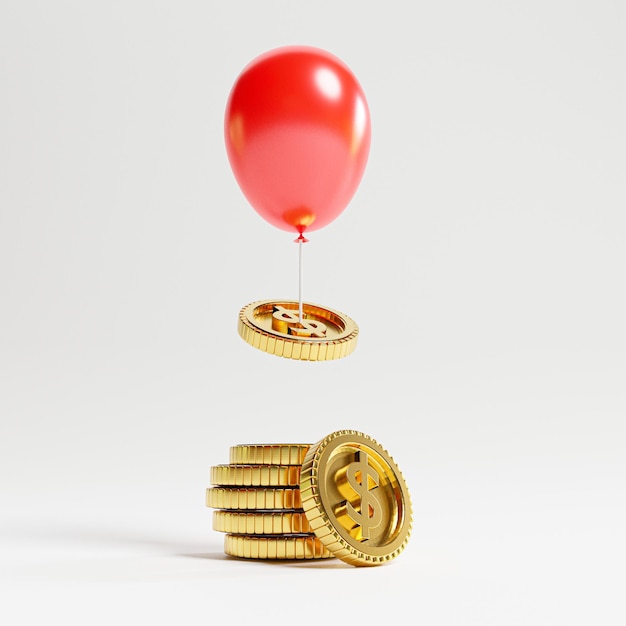 Moeda dourada voando da pilha de moedas por balão vermelho para inflação de dinheiro e economia após o conceito de pandemia covid19 por renderização 3d