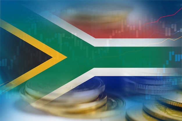 Moeda financeira de negociação de investimento no mercado de ações e bandeira da África do Sul ou Forex para analisar fundo de dados de tendência de negócios de finanças de lucro