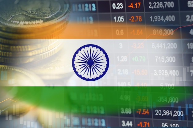 Moeda financeira de negociação de investimento no mercado de ações e bandeira da Índia ou Forex para analisar fundo de dados de tendência de negócios de finanças de lucro