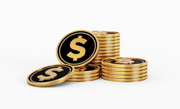 Moedas arredondadas douradas e pretas de dólar dos Estados Unidos empilhadas em fundo branco Ilustração 3D