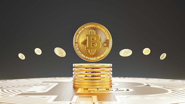 Foto moedas bitcoin empilhadas em fundo escuro com criptomoeda e conceito de negociação