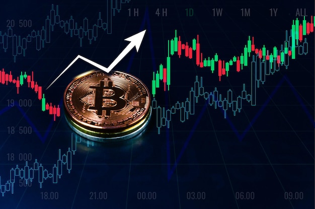 Moedas Bitcoin no gráfico de negociação do diagrama gráfico símbolo de dinheiro virtual eletrônico e mineração