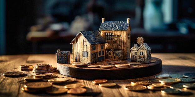 Moedas com um modelo de casa em uma mesa com moedas