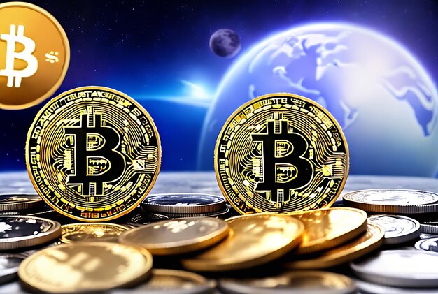 Moedas criptográficas de finanças tecnológicas no planeta espacial