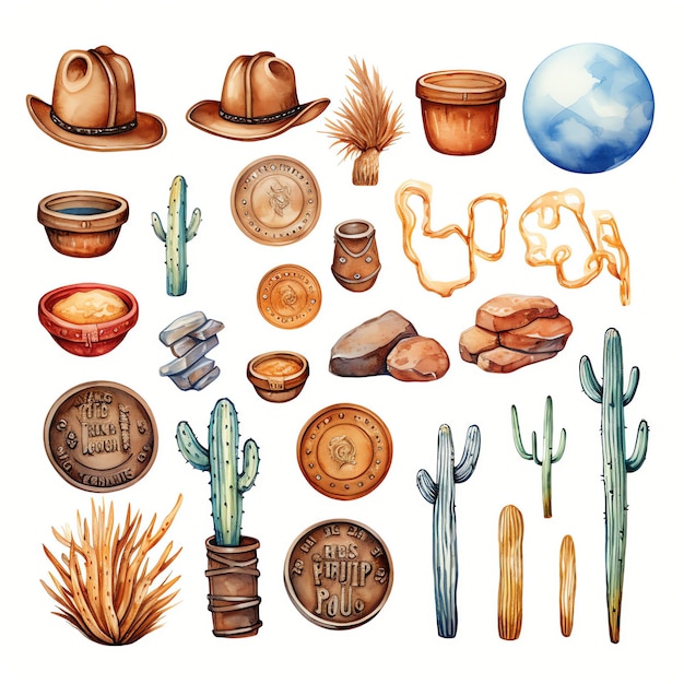 moedas de aquarela oeste selvagem oeste cowboy deserto ilustração clipart