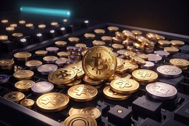 Moedas de Bitcoin em um teclado