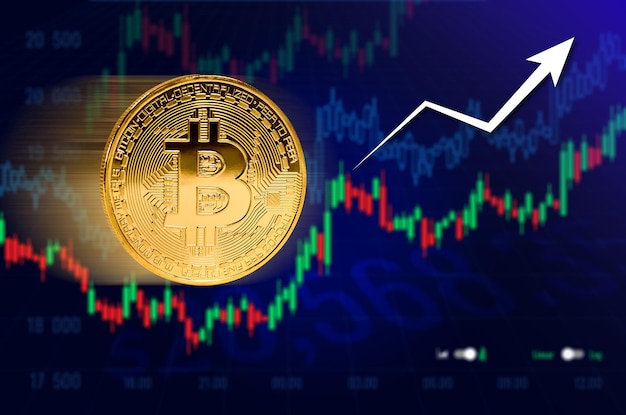 Moedas de bitcoin no gráfico de negociação do diagrama de gráficosímbolo de dinheiro virtual eletrônico e conceito de criptomoeda de mineração conceito de bitcoin de moeda criptográfica de moeda foco seletivo