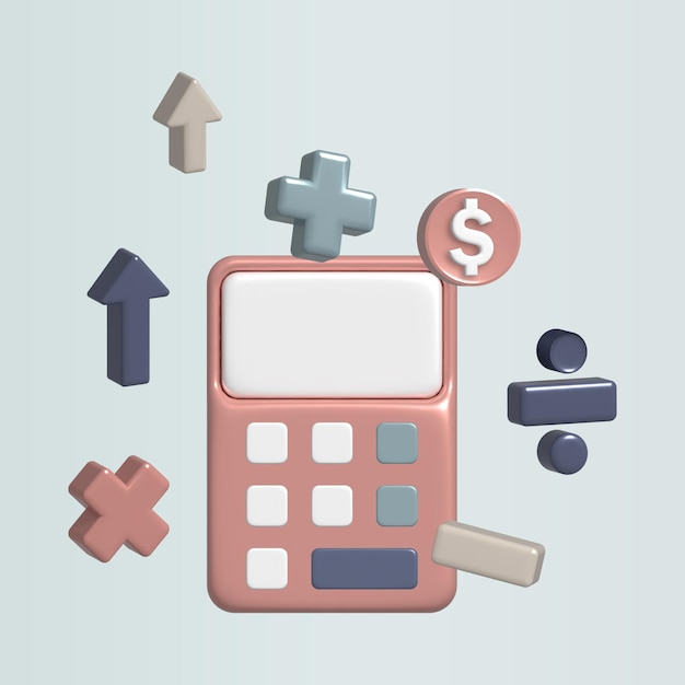 Foto moedas de calculadora e formulário de objeto matemático em fundo de cor pastel 3d render ilustração conceito de ícone financeiro